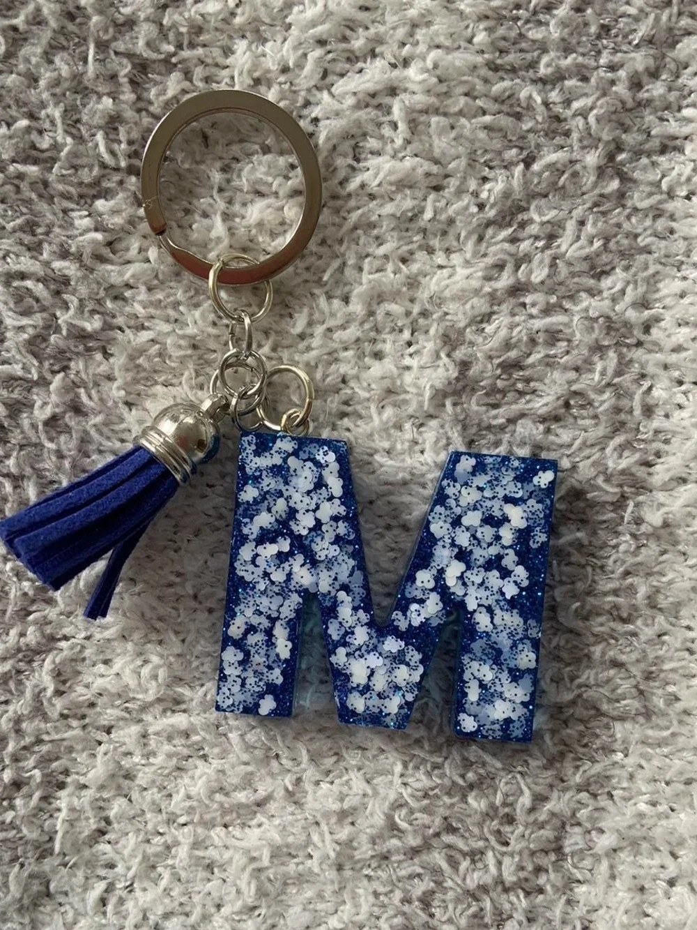Personalized Blue 'M' Resin Keychain with Tassel